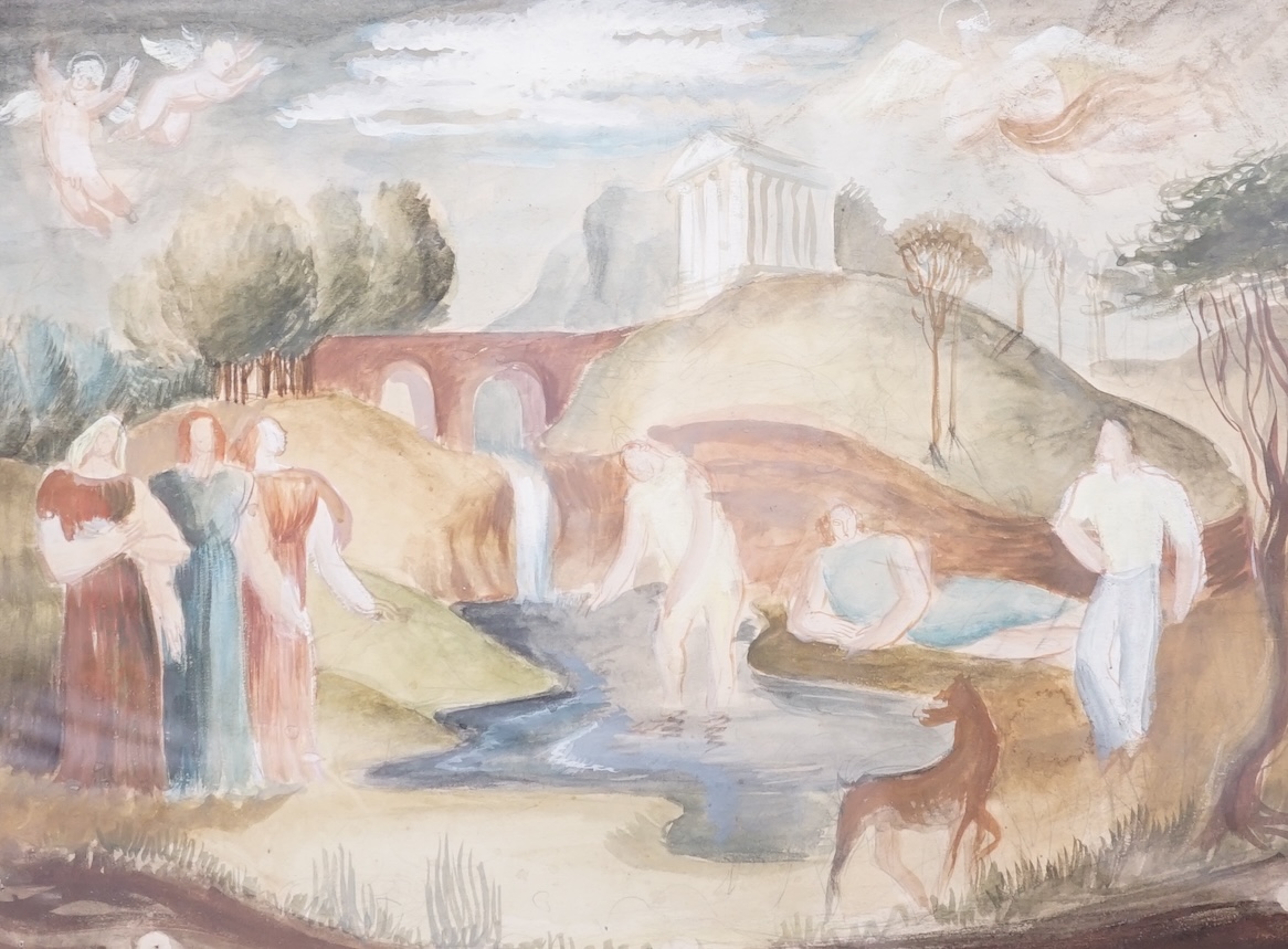 Modern British, watercolour, Figures bathing with a temple beyond, unsigned, 28 x 37cm. Condition - fair to good, some minor discolouration